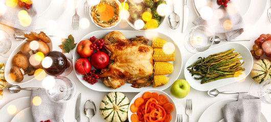 Festive table setting for Thanksgiving Day celebration, top view