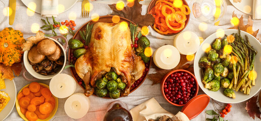 Festive table setting with delicious roasted turkey for Thanksgiving dinner, top view