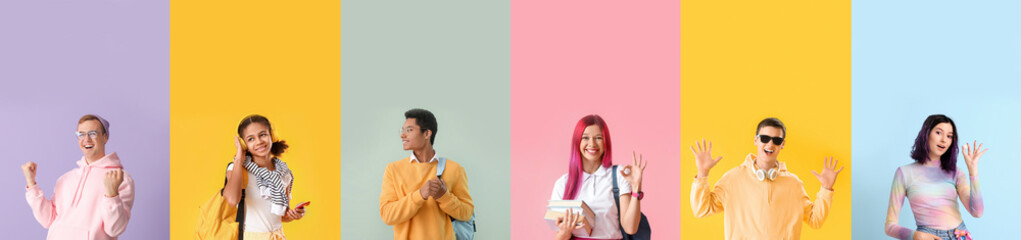 Fototapeta Set of many teenagers on colorful background obraz