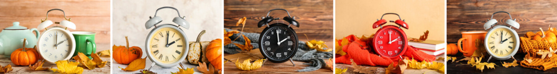 Collage of alarm clocks with autumn leaves
