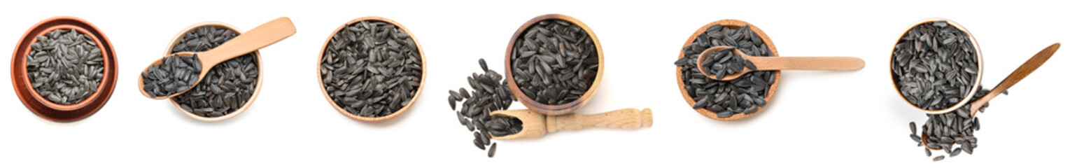 Set of bowls with sunflower seeds isolated on white, top view