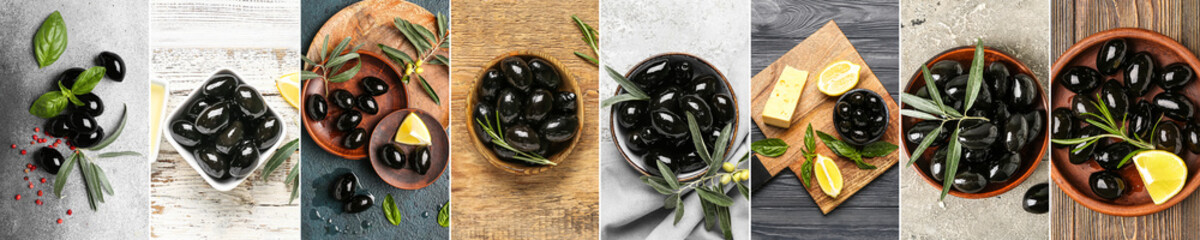 Collage with tasty black olives, top view