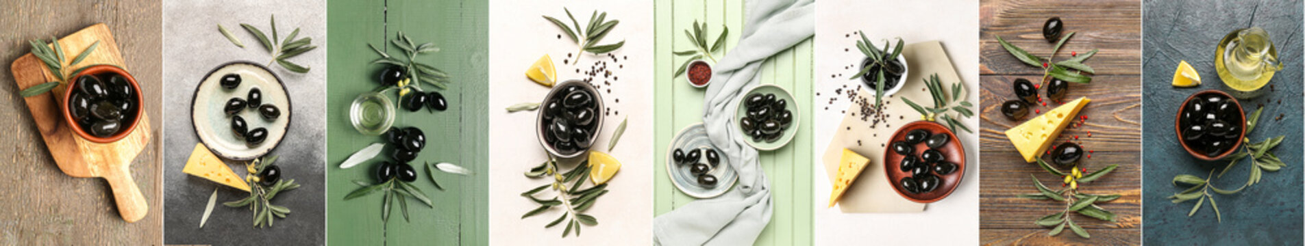 Collage with many black olives, top view