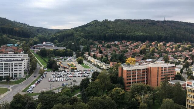 Zlin town and Bata houses estates built on a hill with cars on the road