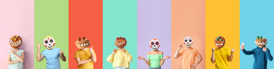 Many people with funny monster cookies instead of their heads on color background. Halloween...