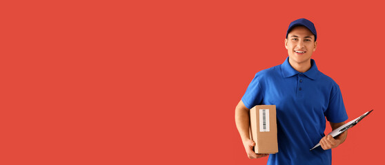 Delivery man with box and clipboard on red background with space for text