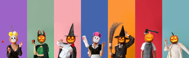 Set of people with scary Halloween pumpkins instead of their heads on color background - obrazy, fototapety, plakaty