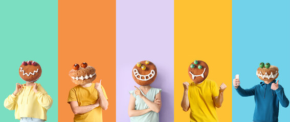 Fototapeta na wymiar People with funny monster cookies instead of their heads on color background. Halloween celebration