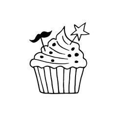 cupcake with a star and mustache hand drawn in doodle style. sweet holiday dessert.