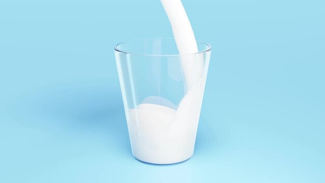 3d animation, Pour the milk or yogurt into a clear glass isolated on blue background. 3d render illustration