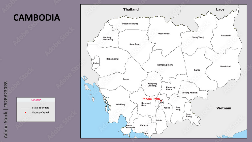 Poster Cambodia Map. State and district map of Cambodia. Administrative map of Cambodia with district and capital in white color.