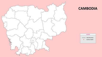 Cambodia Map. Outline state map of Cambodia. Political map of Cambodia with black and white design.