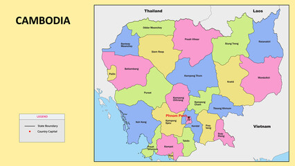 Cambodia Map. State and district map of Cambodia. Political map of Cambodia with country capital.