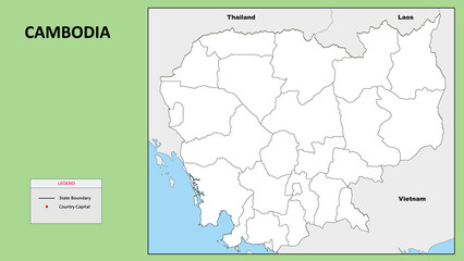 Cambodia Map. State and district map of Cambodia. Political map of Cambodia with outline and black and white design.