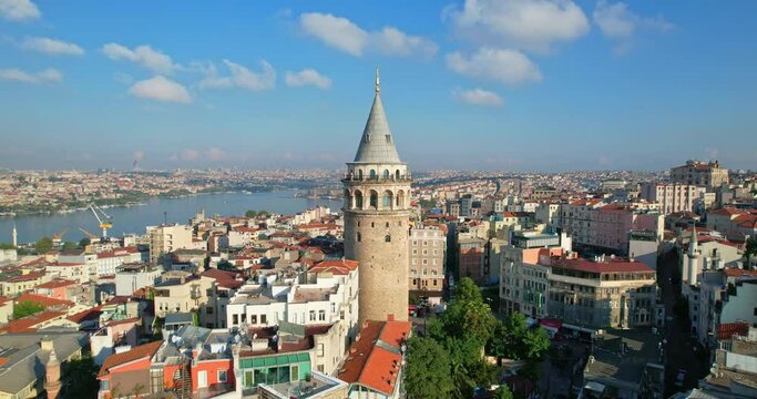 Galata Tower in Istanbul, Turkey. Aerial view of the sights of Istanbul. A sunny summer day in Istanbul