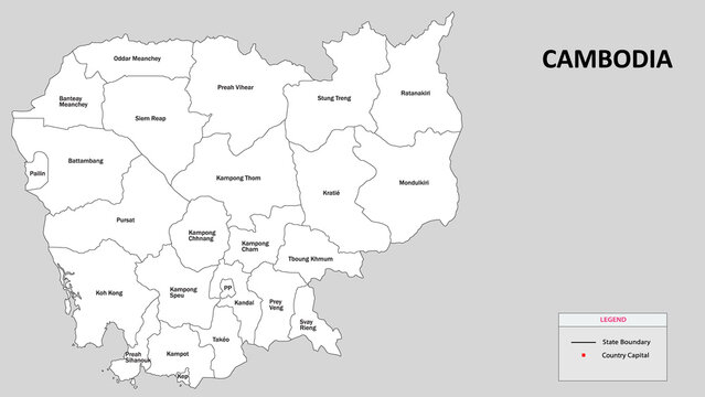 Cambodia Map. State and district map of Cambodia. Administrative map of Cambodia with district and capital in white color.