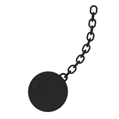 3d render illustration of iron ball connected to metal chain isolated on white