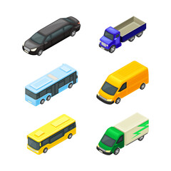 Van, Bus and Limousine as Road Vehicle and Urban Transport Isometric Vector Set