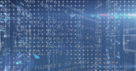 Image of data processing over screens of mosaic squares and light trails against blue background