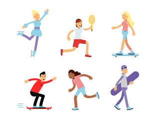 Fototapeta na wymiar People Characters Doing Different Sport Activity Figure Skating, Tennis Playing, Skateboarding, Running and Snowboarding Vector Set