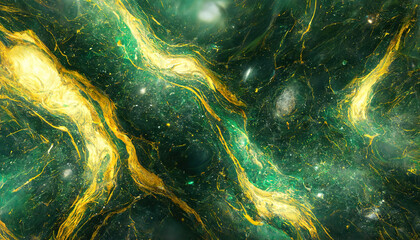 Abstract luxury marble background. Digital art marbling texture. Green and gold colors