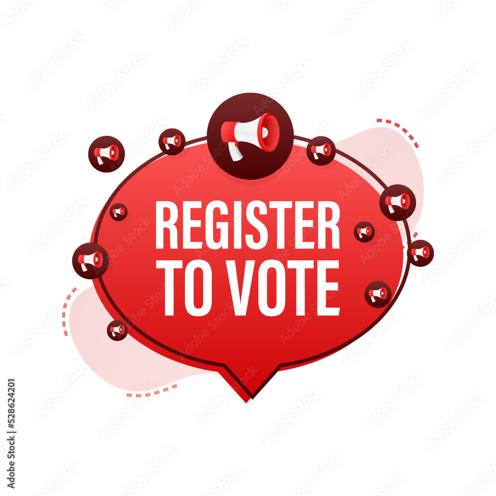 Poster megaphone label with register to vote. megaphone banner. web design. vector stock illustration.
