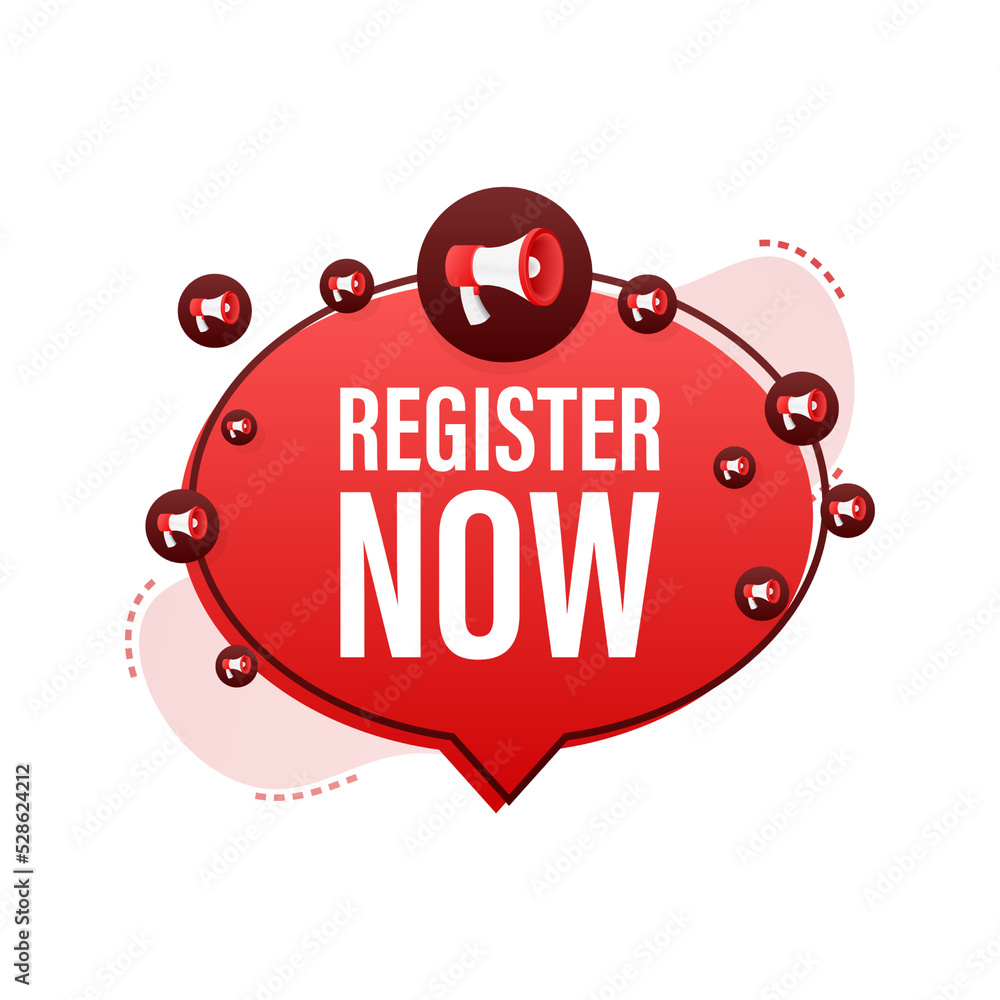 Poster megaphone label with register now. megaphone banner. web design. vector stock illustration.