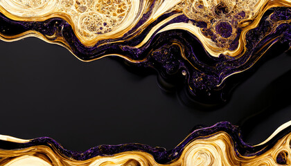 Abstract dark luxury marble background. Digital art marbling texture. Black, gold and purple colors