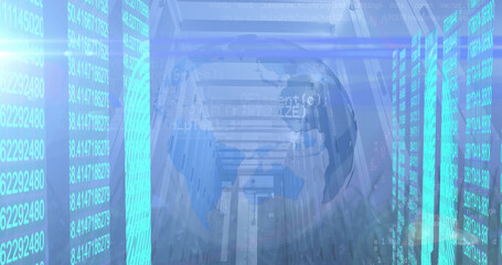 Image of globe, data processing and numbers over servers