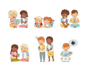 Little Children with Smartphone and Tablet Playing and Surfing Internet Vector Set