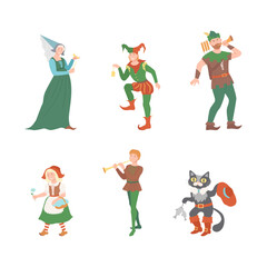 Fabulous Medieval Character from Fairytale with Red Riding Hood, Pussy in Boots, Robin Hood, Fairy Godmother and Jester Vector Set