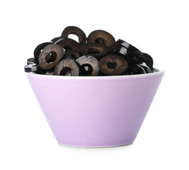 Bowl of cut black olives on white background