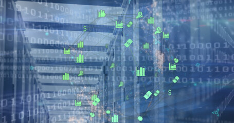 Image of globe of financial icons, network of connections and data processing over server room