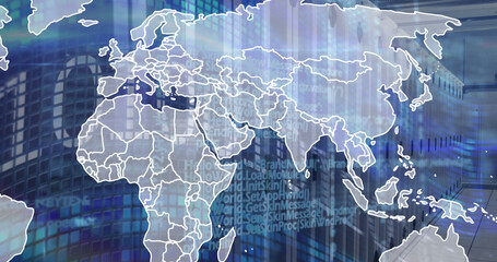 Image of world map, binary coding and data processing over empty computer server room