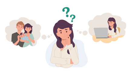 woman is thinking to choose between family and career. Hard question about life and work balance, children and professional opportunities. Flat vector illustration.