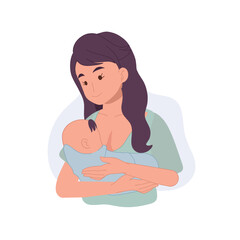 Breastfeeding cincept. Mom holds the baby in her arms and feeds with breast milk. vector illustration