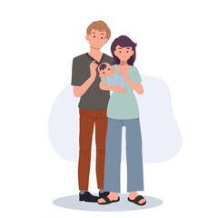 Happy family and childhood concept. mother and father family standing and holding small toddler infant newborn baby. vector illustration