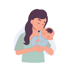 Mother Holding Baby In Arms. Baby In A Tender Embrace Of Mother. Flat vector illustration