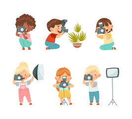 Pretty Children with Digital Camera and Soft Box Lighting Taking Photograph Vector Set