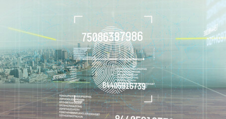 Image of data processing and fingerprint over cityscape