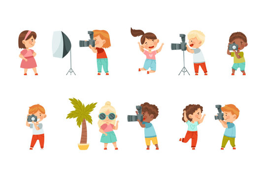 Pretty Children with Digital Camera and Soft Box Lighting Taking Photograph Vector Set