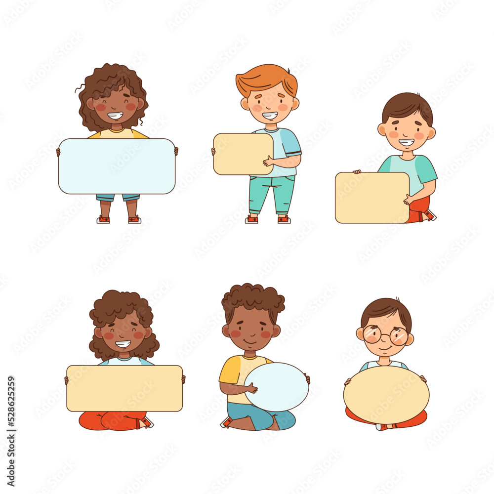 Poster smiling kids holding empty oval and rectangular plaque vector set