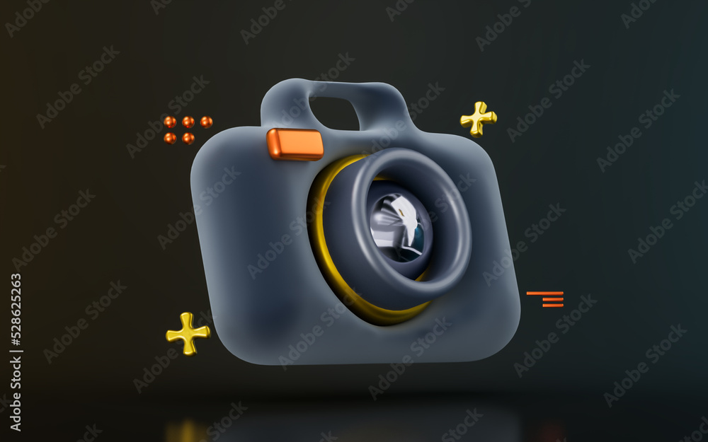 Poster camera sign on dark background 3d render concept for photo capture machine video record