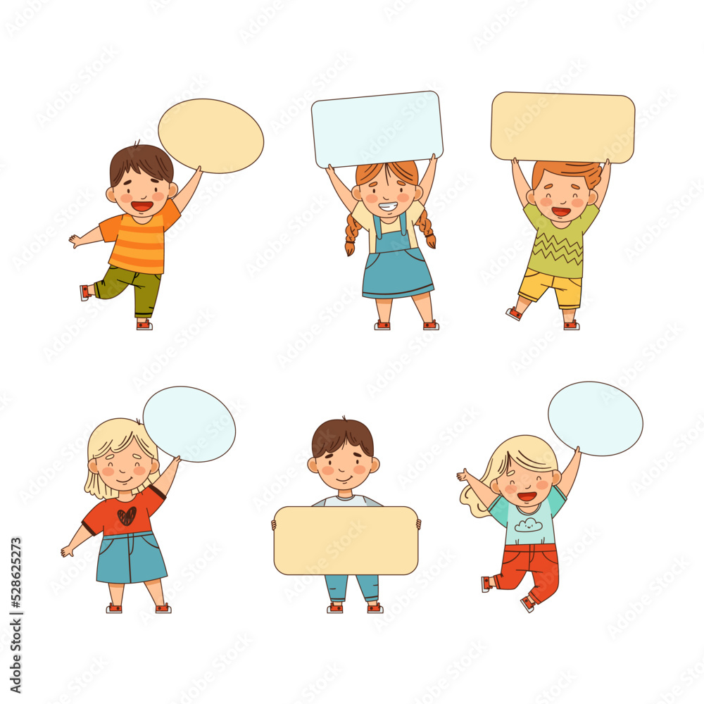 Poster smiling kids holding empty oval and rectangular plaque vector set