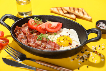 Frying pan with tasty fried egg, bacon and tomatoes on yellow background, closeup