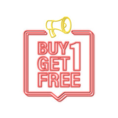 Buy 2 Get 1 Free, sale tag, banner design template. Neon icon. Vector stock illustration.