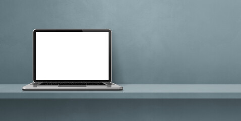 Laptop computer on grey shelf background banner