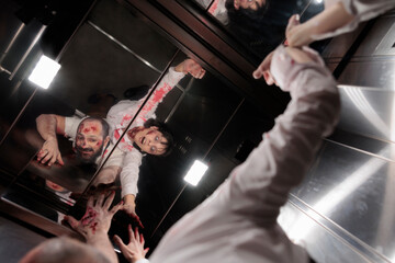 Spooky horror zombies sitting in elevator and attacking business office to eat brain. Abusive...