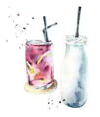 Milk shake and hand made lemonade (raspberry and lime) . Watercolor hand drawn illustration
