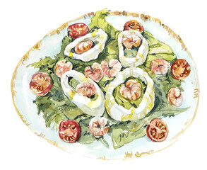 Seafood Salad. Menu. Food composition. Watercolor hand drawn illustration
